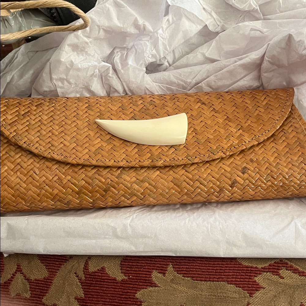 Gail DeLoach Woven Rattan Clutch with White Accent